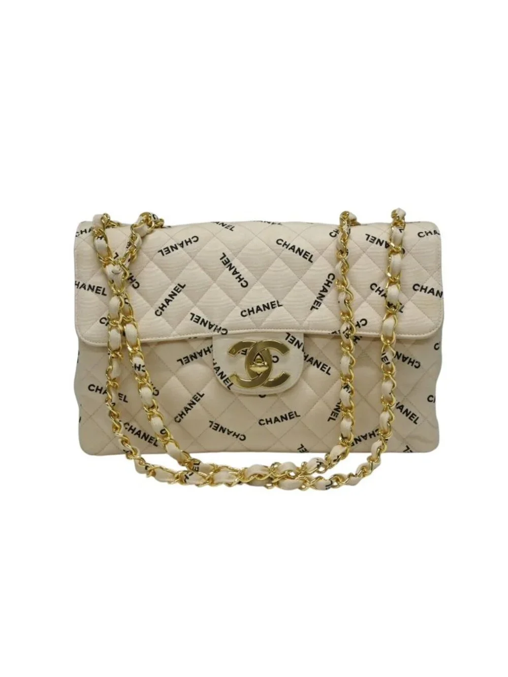 Chanel Maxi Quilted 34 S Flap Chain Shoulder Bag CC Logo Canvas Gold